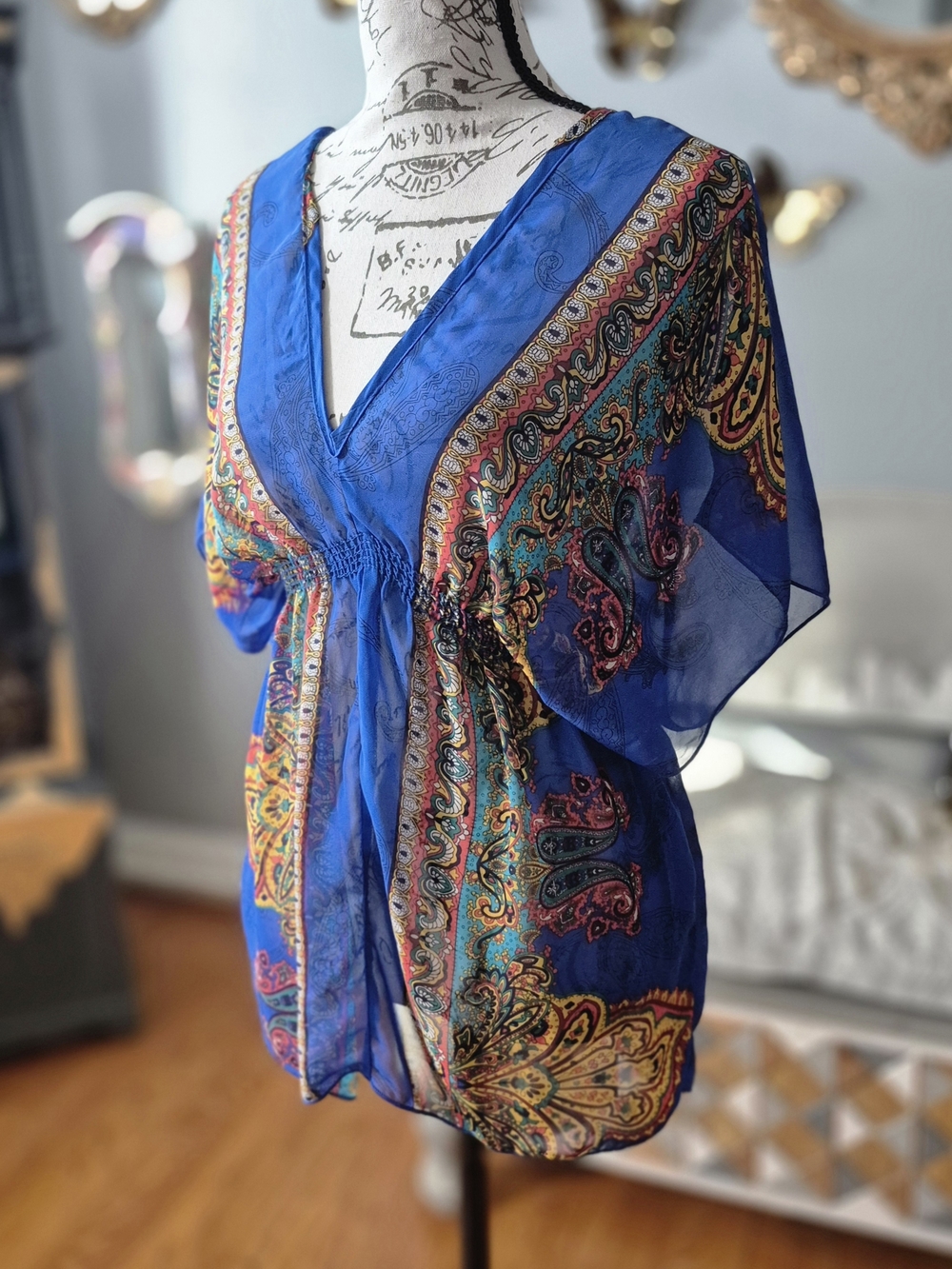 Boho 90s Vibe V-Neck Paisley Sheer Tunic Top Small - Picture 2 of 11